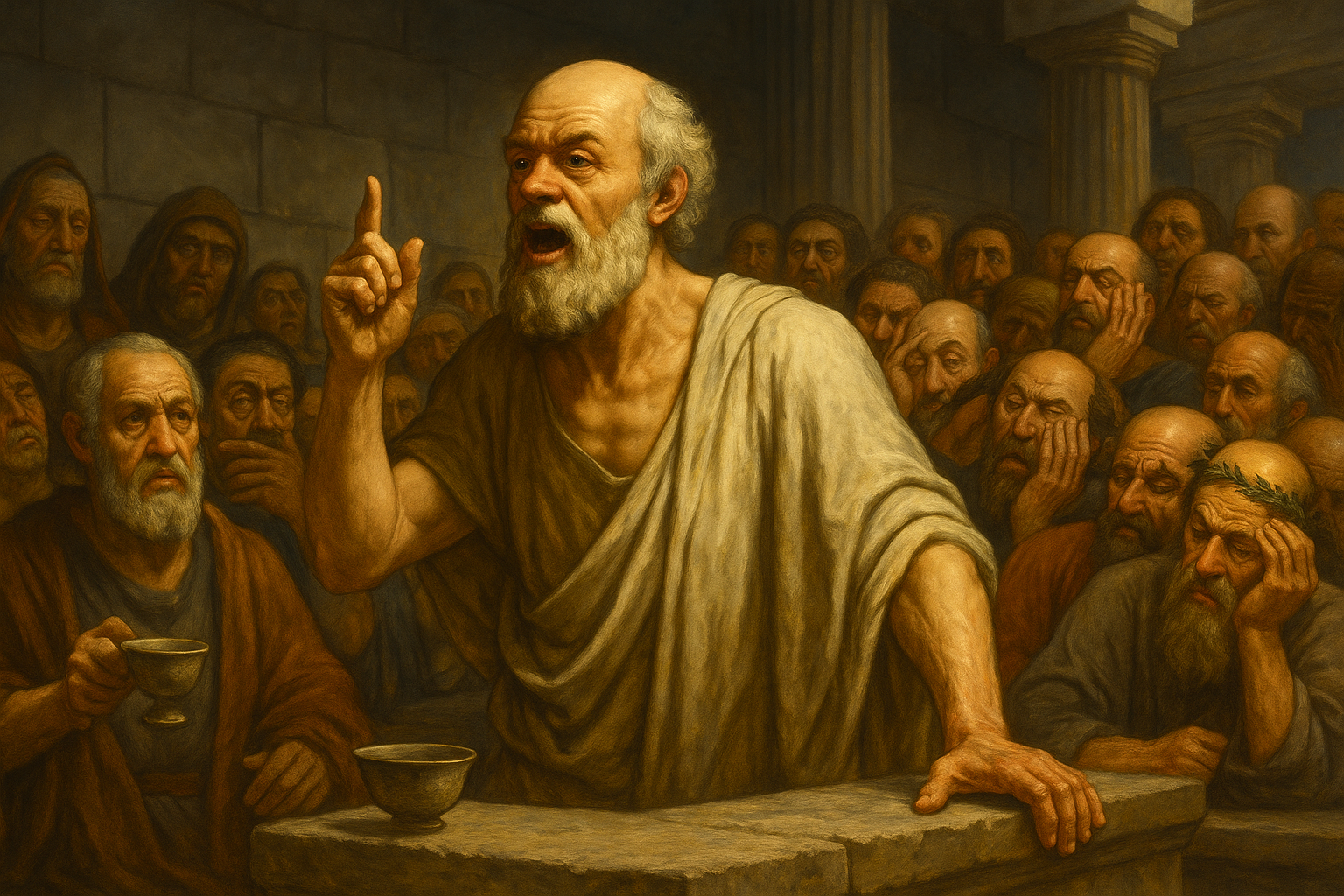 Socrates at his trial, winning the argument but losing the crowd