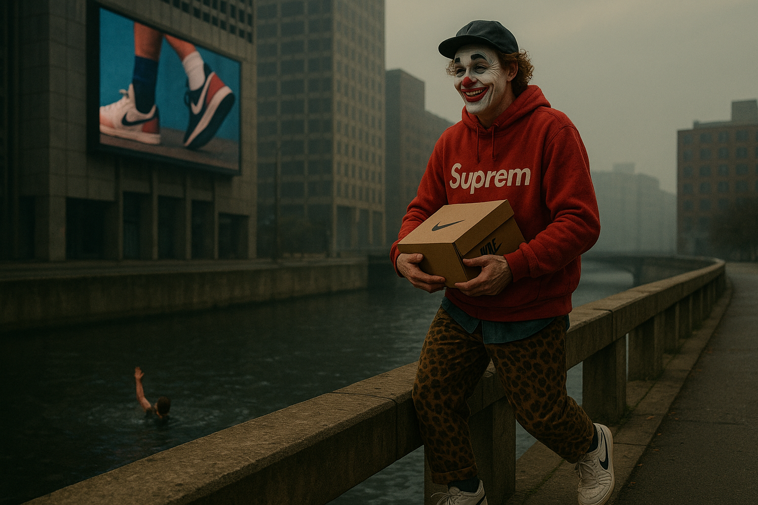 A fashion clown in streetwear standing by a city river, holding a shoebox with a conflicted expression.