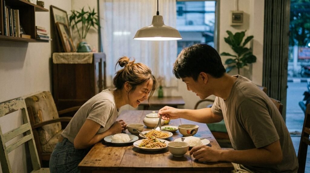 Young Malaysian couple laughing over a home-cooked dinner, living 10km apart but officially long-distance
