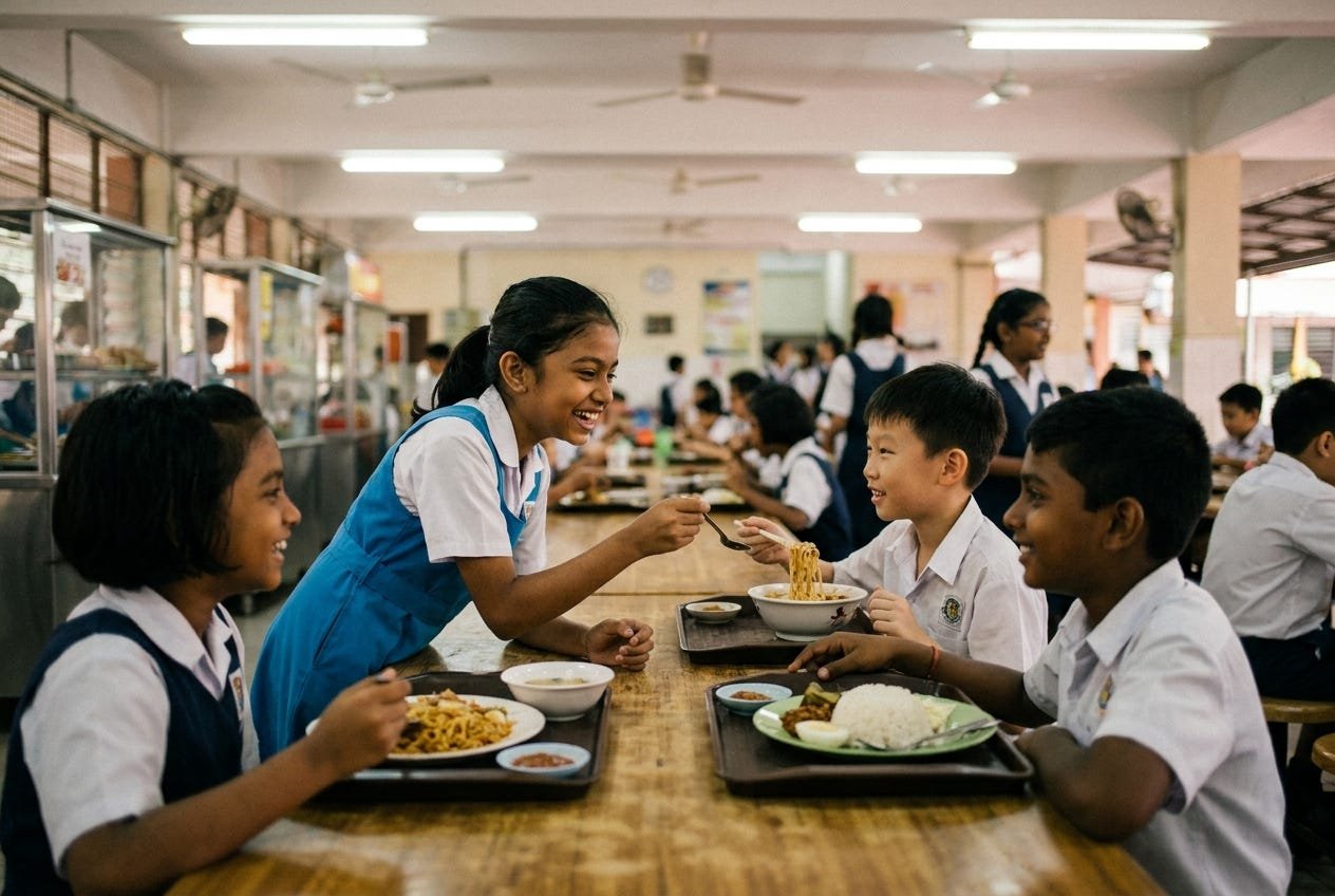马来西亚三大种族小学生在食堂同桌分享食物，跨州孩子同校