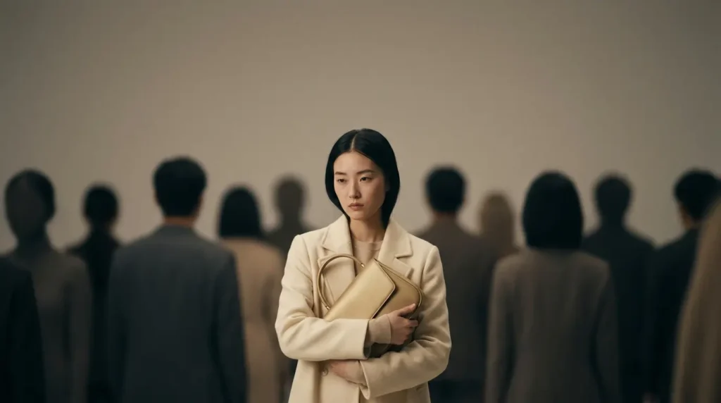 拎着名牌包的年轻女性，象征消费主义与阶级归属感。A young woman holding a designer handbag as a badge of social belonging.